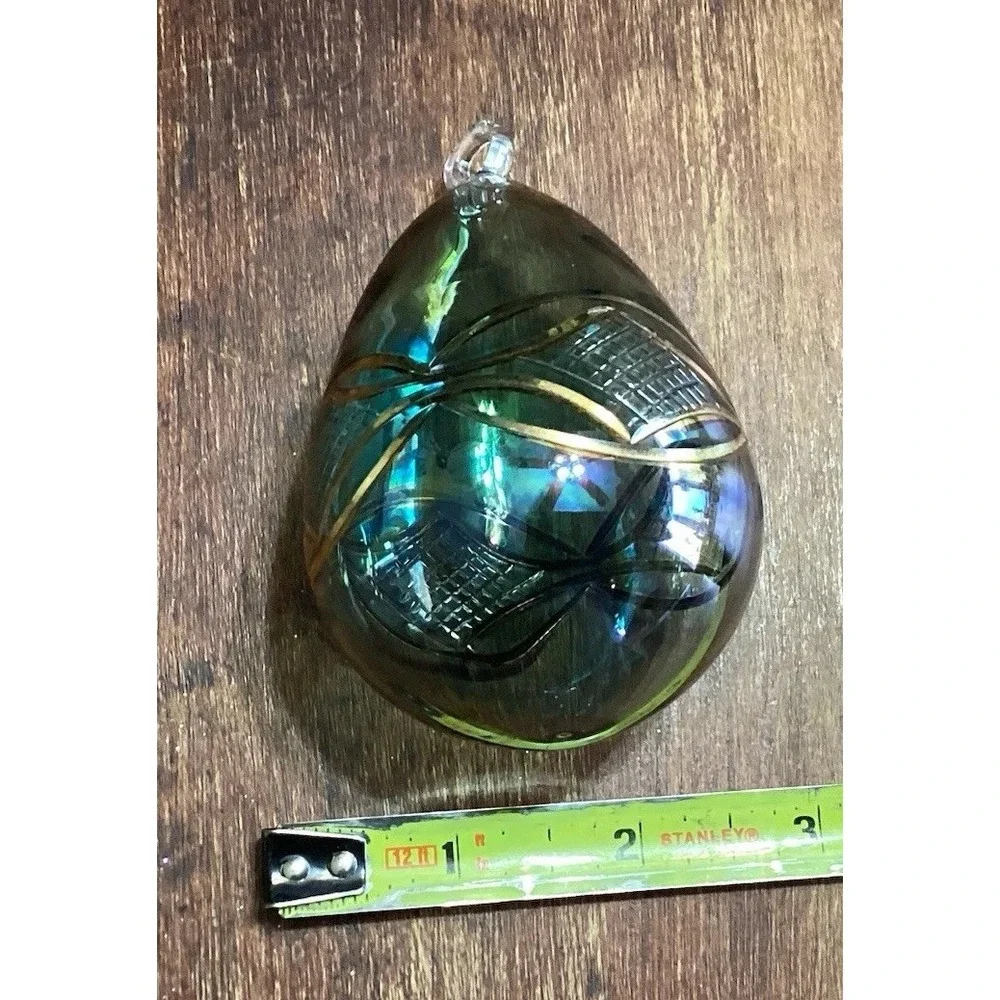 Christmas Ornament Hand Blown Glass Egg Shape Raised‎ Gold Designs Green Tint